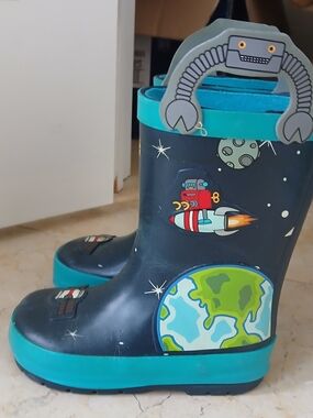 Kids Space Rocket Rain & Snow Boots in Teal and Navy - Robot Handle